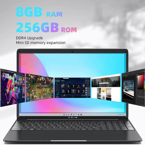 SGIN 15,6" Ordenador Portátil con 8 GB DDR4, 256 GB SSD y Windows 11 - Rápido y Ampliable