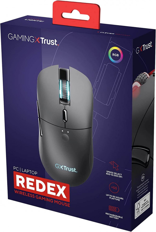 Trust GXT 980 Redex - Ratón Inalámbrico Gaming Recargable, 200-10.000 dpi, RGB, Negro