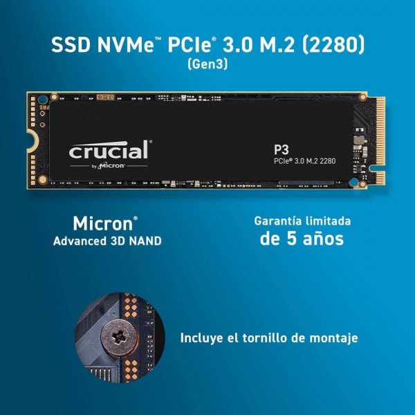 Crucial P3 1TB M.2 PCIe Gen3 NVMe SSD interno