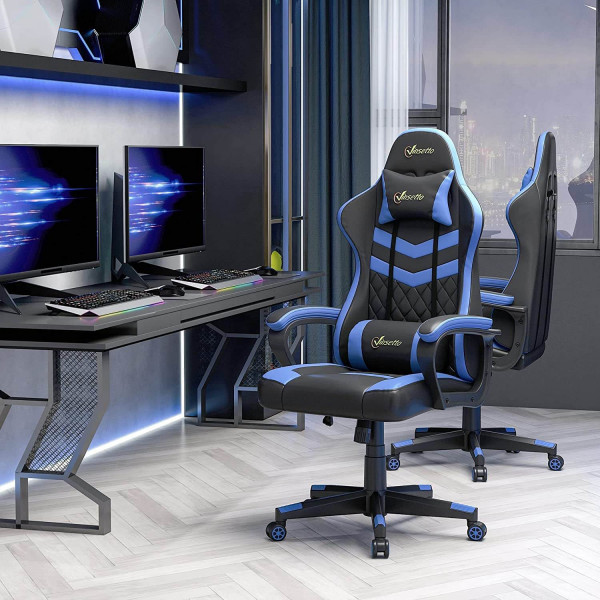 Silla gaming Vinsetto, altura regulable, basculante, con reposacabezas y cojín lumbar, color azul