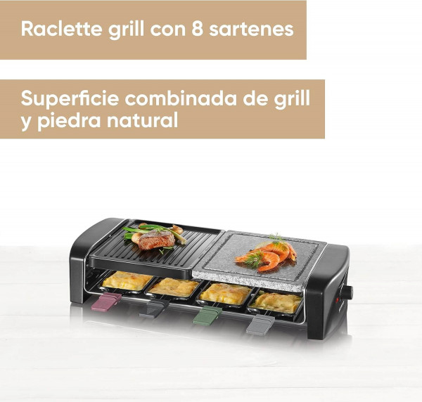 SEVERIN RG 9645 Raclette Grill: Parrilla Eléctrica para 8 Personas con Piedra Natural y 8 Sartenes