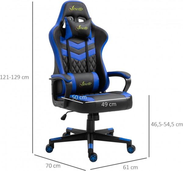 Silla gaming Vinsetto, altura regulable, basculante, con reposacabezas y cojín lumbar, color azul