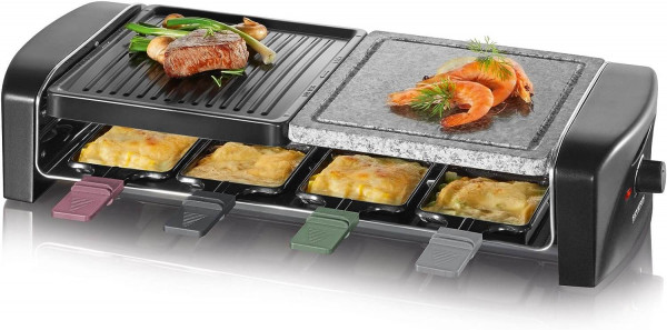 SEVERIN RG 9645 Raclette Grill: Parrilla Eléctrica para 8 Personas con Piedra Natural y 8 Sartenes