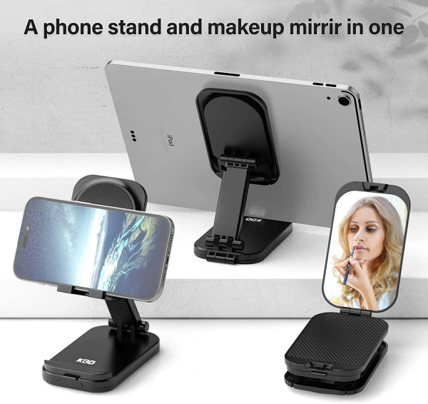Soporte móvil plegable con espejo de maquillaje y ajuste de ángulo, para smartphones de 4'' a 8''.