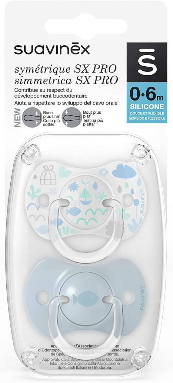 Juego 2 chupetes simétricos Suavinex SX Pro de silicona suave y flexible, Memories azul, 0/6 meses