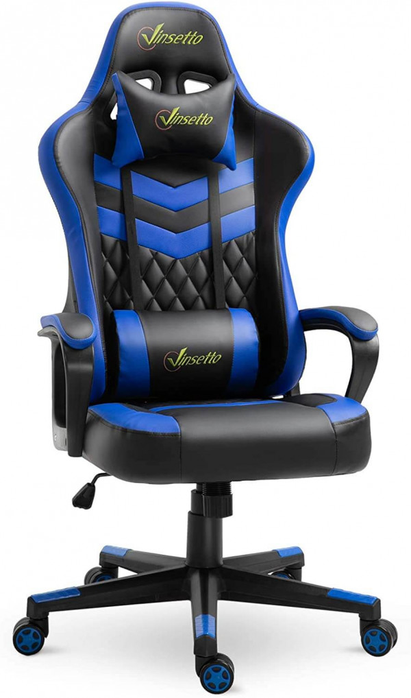 Silla gaming Vinsetto, altura regulable, basculante, con reposacabezas y cojín lumbar, color azul