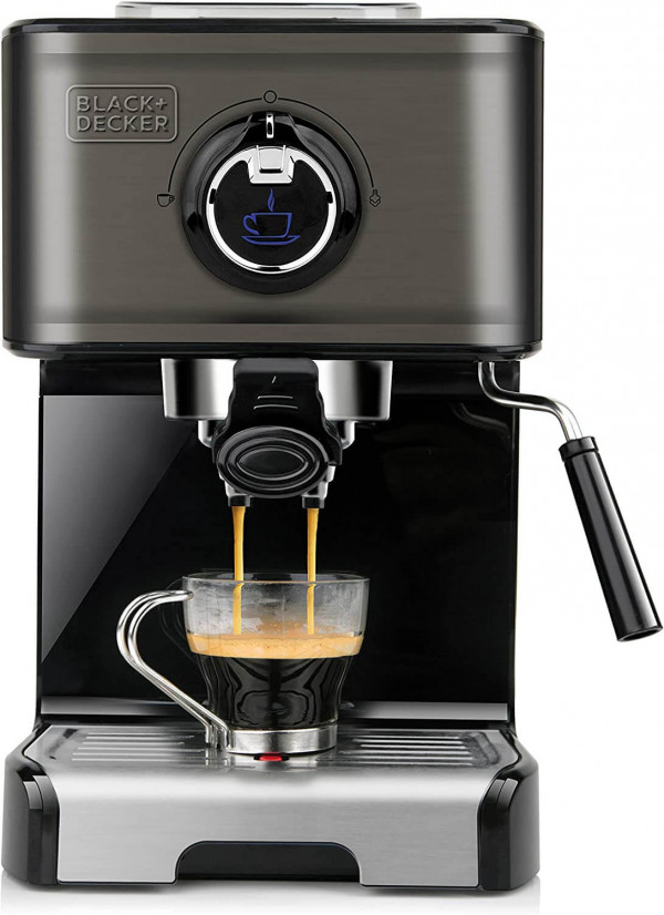 Cafetera express Black+Decker con espumador de leche y capacidad de 1.2L en acero inoxidable negro