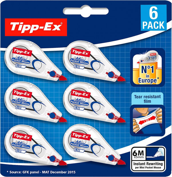 Tipp-Ex Mini Pocket Mouse: Juego de 6 cintas correctoras de bolsillo de 6m x 5 mm para uso escolar