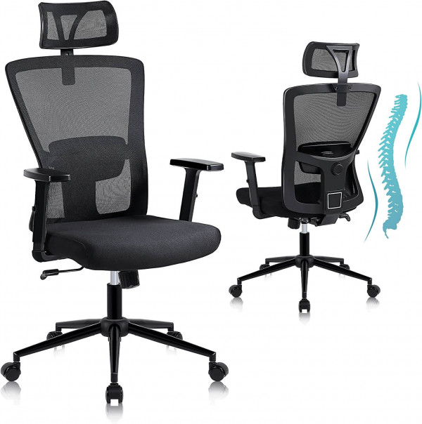 Silla Escritorio Ergonómica Youhauchair con Soporte Lumbar, Reposacabezas y Reposabrazos Ajustables