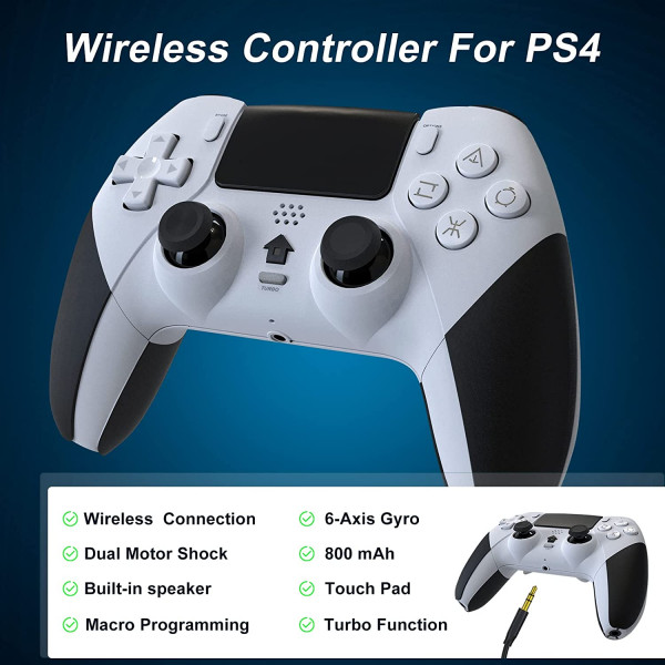 Mando para PS4, Tefelan Bluetooth Game Mando Inalámbrico Joystick para PS4/Slim/Pro/PC Gamepad con Turbo, Programable Botón, Dual Vibración, 6 Axis Gyro Sensor, Touch Panel, Audio Jack Speaker-Blanco