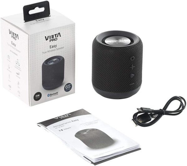 Vieta Pro Easy - Altavoz inalámbrico (True Wireless Bluetooth, Radio FM, Reproductor USB, auxiliar, micrófono integrado, resistencia al agua IPX6, batería de 12 horas) negro