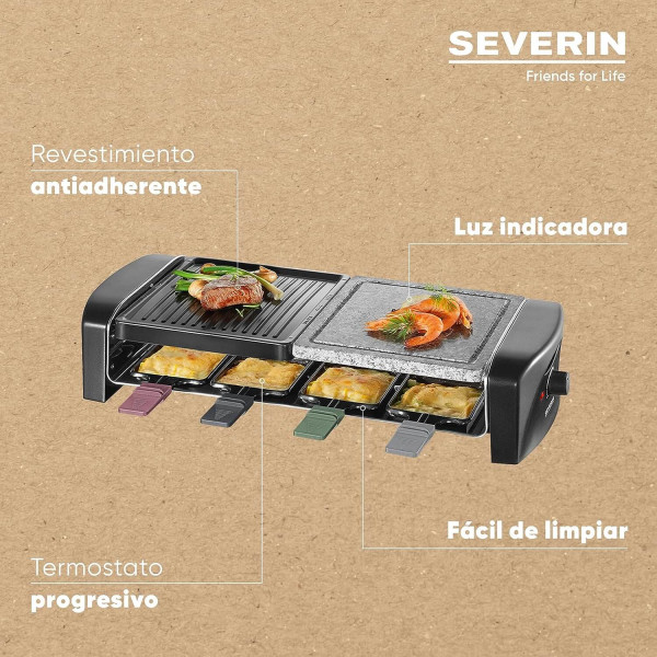 SEVERIN RG 9645 Raclette Grill: Parrilla Eléctrica para 8 Personas con Piedra Natural y 8 Sartenes