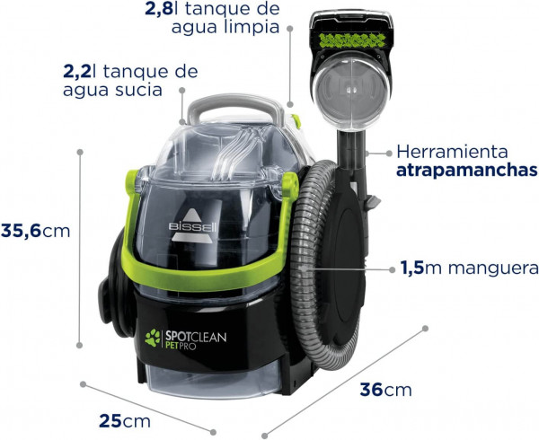 Bissell Spotclean Pet Pro: alfombras, tapicería y coche - 750W, 2.8L, negro/verde